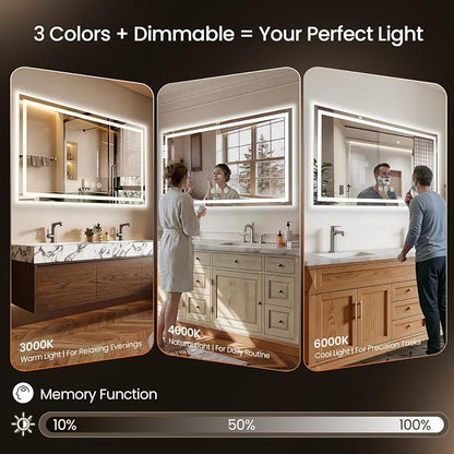 60x40 LED Bathroom Mirror with Anti-Fog, Backlit & Front Lit, Memory | Stepless Dimmable 3 Color CRI 95+ Shatterproof Tempered Glass ETL Listed for Safety Lighted Bathroom Vanity Mirror for Wall