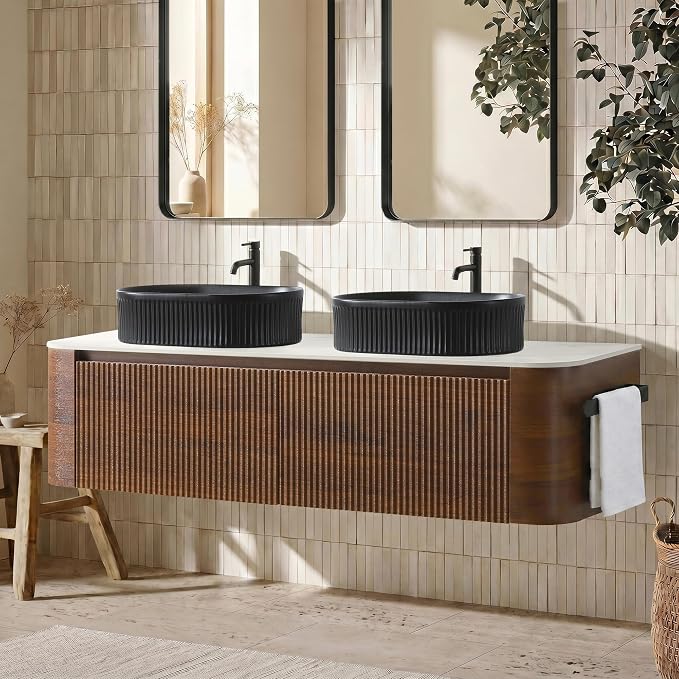 60" Floating Bathroom Vanity with Double Black Sink, Walnut | Pre-Assembled Fluted Wall Mounted Double Sink Vanity with Sintered Stone Countertop, Soft-Close Drawers & Towel Rack
