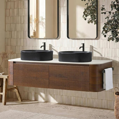 60" Floating Bathroom Vanity with Double Black Sink, Walnut | Pre-Assembled Fluted Wall Mounted Double Sink Vanity with Sintered Stone Countertop, Soft-Close Drawers & Towel Rack