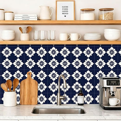 Navy Floral Peel and Stick Floor Tiles 12x12 Inch 10PCS | Navy blue and white floral tile pattern vinyl floor stickers for kitchen bathroom entryway and indoor home decor
