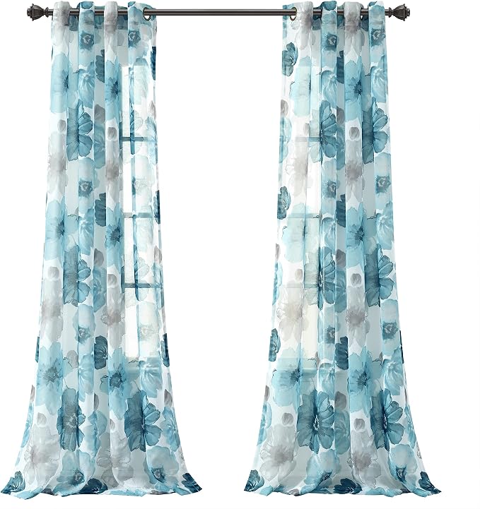 Lush Decor Leah Floral Sheer Window Curtain Panels Pair 52"W x 84"L Blue - Floral Curtains for Bedroom - Sheer Curtains for Living Room