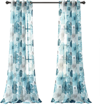 Lush Decor Leah Floral Sheer Window Curtain Panels Pair 52"W x 84"L Blue - Floral Curtains for Bedroom - Sheer Curtains for Living Room