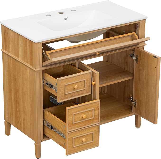 36" Modern Bathroom Vanity with Ceramic Sink, Tilt-Out Drawer & 2 Drawers, Solid Wood Frame Freestanding Storage Cabinet w/2 Soft-Close Doors & Adjustable Shelf, Rubberwood Handles, Wood