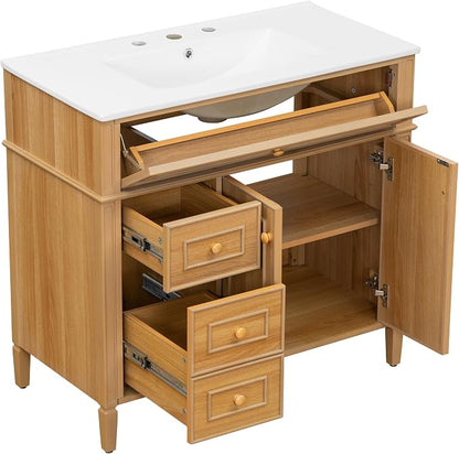 36" Modern Bathroom Vanity with Ceramic Sink, Tilt-Out Drawer & 2 Drawers, Solid Wood Frame Freestanding Storage Cabinet w/2 Soft-Close Doors & Adjustable Shelf, Rubberwood Handles, Wood