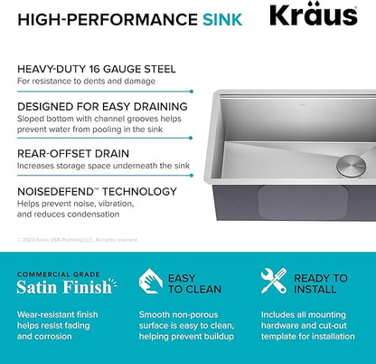 KRAUS Kore 27-Inch Undermount Workstation 16 Gauge Single Bowl Stainless Steel Kitchen Sink with Accessories, KWU110-27
