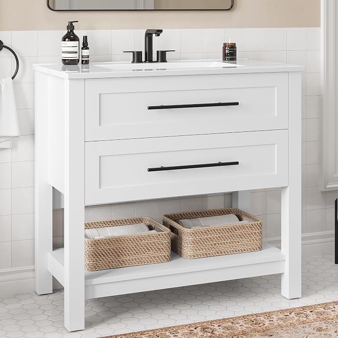 LIKIMIO 36" Bathroom Vanity with Sink, 2 Drawers & Open Shelf, White | Freestanding Bathroom Vanity, Integrated Ceramic Sink, U-Shaped Drawers, Modern Bathroom Storage Cabinet, Easy Assembly