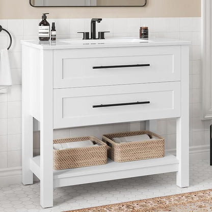 LIKIMIO 36" Bathroom Vanity with Sink, 2 Drawers & Open Shelf, White | Freestanding Bathroom Vanity, Integrated Ceramic Sink, U-Shaped Drawers, Modern Bathroom Storage Cabinet, Easy Assembly