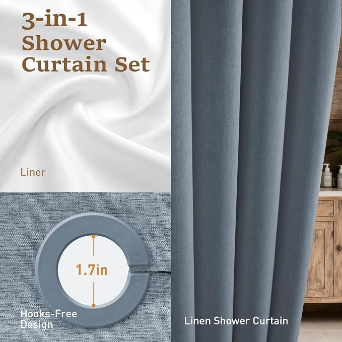 72x81 Ringless Linen Textured Shower Curtain with Snap in Liner, Blue | Tall Size, 3 in 1 Shower Curtain Set, Removable Liner, Waterproof & Washable, Mesh Top Window, Durable Fabric, Easy Setup