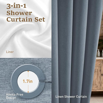 72x81 Ringless Linen Textured Shower Curtain with Snap in Liner, Blue | Tall Size, 3 in 1 Shower Curtain Set, Removable Liner, Waterproof & Washable, Mesh Top Window, Durable Fabric, Easy Setup