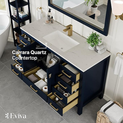 Eviva London 54 in Bathroom Vanities – 54 Inch Bathroom Vanity with Sink and Countertop, Gray Vanity Bathroom Sink Cabinet W/Quartz Countertop – Porcelain Single Sink Design for Modern Bathrooms