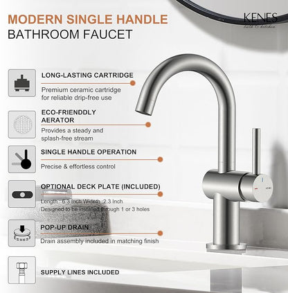 Brushed Nickel Bathroom Faucet Single Handle, 1 Hole Vanity Faucet | Bathroom Sink Faucet with Pop Up Drain & 6 Inch Deck Plate, Lead-Free cUPC & NSF Certified, 1 Handle Faucet for Vanity RV Bar