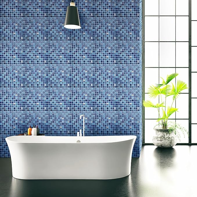 LSDECO 5 Sheets Glass Mosaic Tiles Backsplash, Pool Tiles, 12" x 12" Kitchen Backsplash Tile, Glass Tiles for Bathroom Border Shower Wall (5 Sq.Ft Blue Blend)