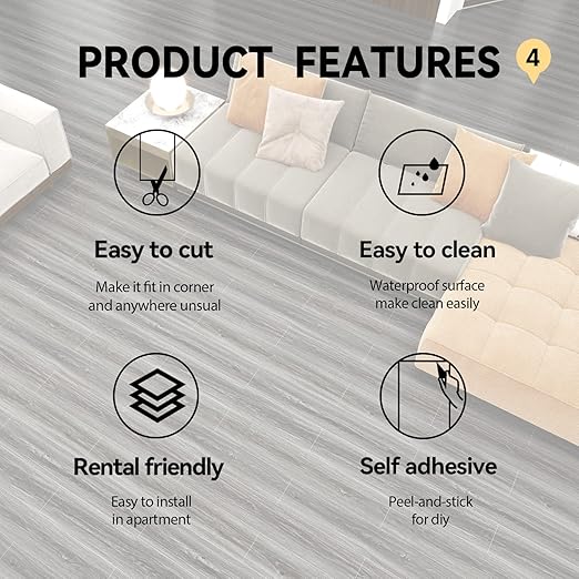 Wood Grain Peel and Stick Floor Tiles 11.8"x394" Misty Black | Wood-look non-slip vinyl for renters & DIY, easy cut, fewer seams, low upkeep, budget multi-surface floor guard