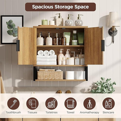 Fluted Bathroom Wall Storage Cabinet with Open Shelf, Floating Wall Mounted Medicine Cabinet with Adjustable Shelves, Over The Toilet for Bathroom, Laundry Room, Kitchen, Natural Oak