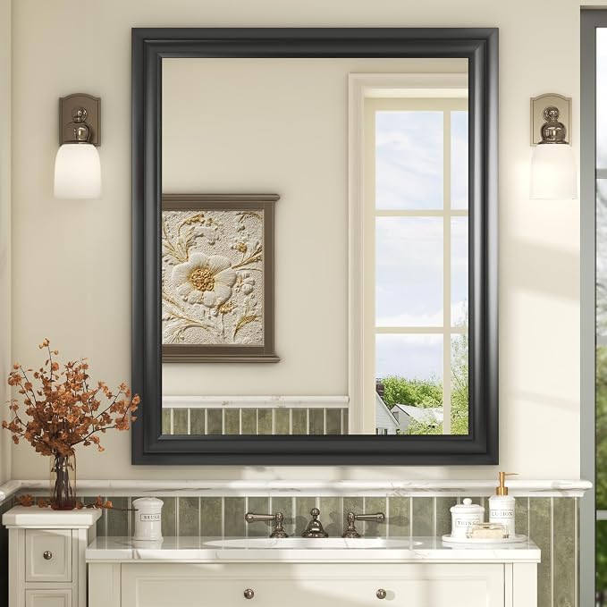 30x36 Inch Black Bathroom Mirror for Wall | Black Metal Mirror, Matte Thick Frame Rectangle Vanity Mirror, Shatterproof, Anti-Rust, Horizontally or Vertically Mounted
