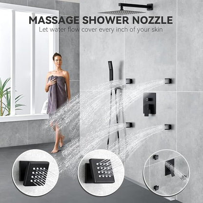 Rain Shower System With Complete 4 Pcs Body Sprays Jets And Pressured Balance Rough-in Valve,12Inch Rainfall Shower Head And Handheld, Modern Matte Black Wall Mount Shower Faucets Sets