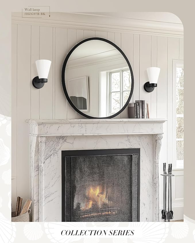 Indoor Wall Light Fixture, HWH Modern Wall Sconce Vanity Light with Frosted White Striped Glass Shade, Matte Black Single Wall Sconce for Bathroom Bedroom, 5HZG97B BK
