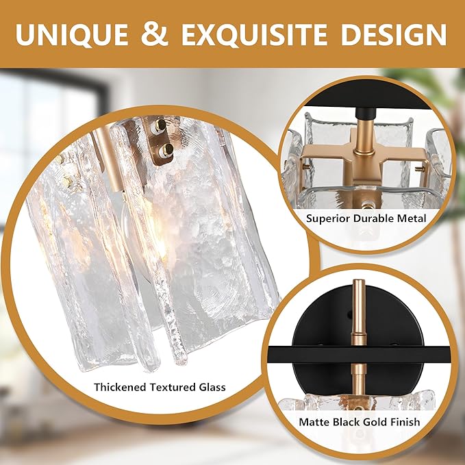 3-Light Bathroom Vanity Lights Over Mirror, Black and Gold Bathroom Light Fixture with Clear Glass Shade, Modern Bathroom Wall Sconce Lighting for Mirror, Living Room, Adjustable (E12)