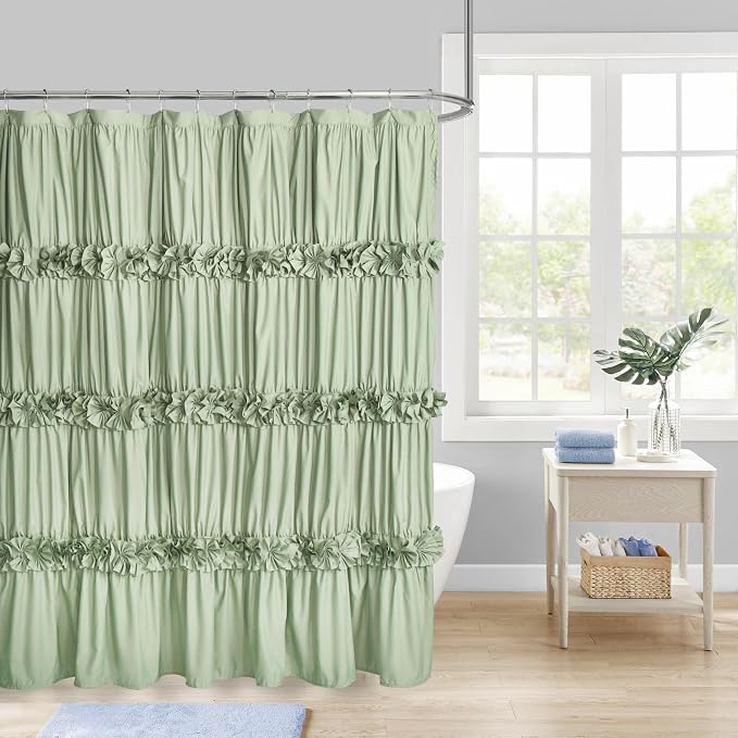 Homechoice Decor Sage Ruffle Shower Curtain, Handcrafted Bow Tie | Vintage Bath Curtain for Master Bathroom, Ruched Microfiber Bathroom Curtain with 12 Buttonholes, 72" W x 72" H (LQ-10)