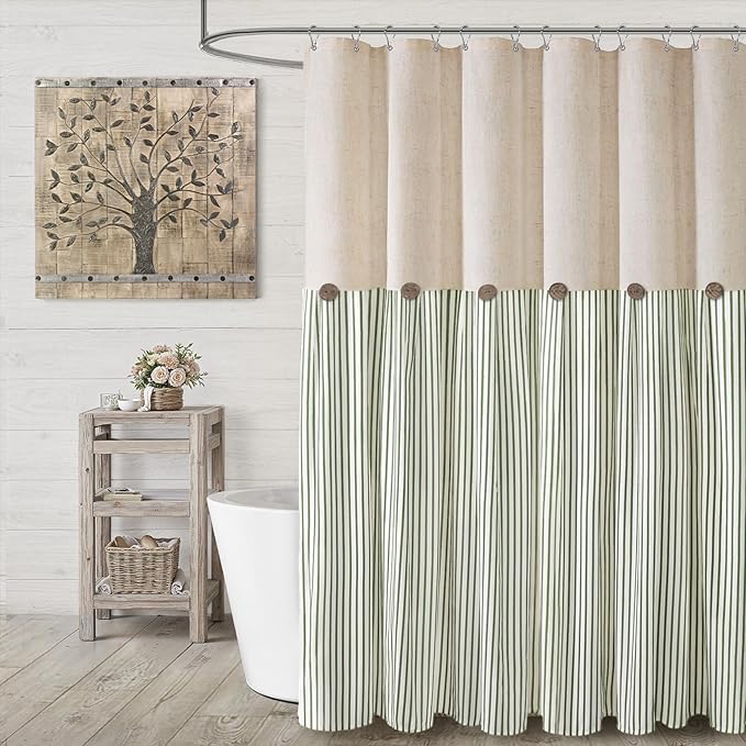 Farmhouse Shower Curtain Linen Button Green Stripe 72" W x 84" L | Farmhouse Style, Chic Button, Striped, Linen Fabric, Rustic, Country, Natural Look, Washable, for Bathroom Bathtub