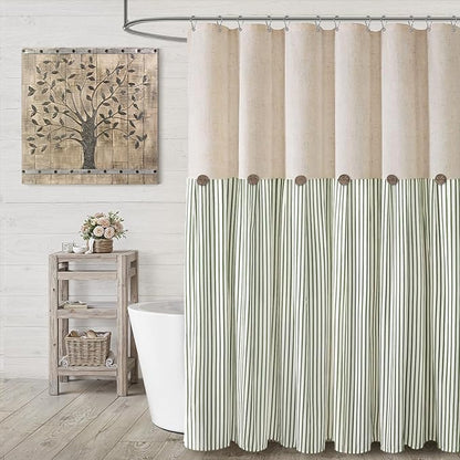 Farmhouse Shower Curtain Linen Button Green Stripe 72" W x 84" L | Farmhouse Style, Chic Button, Striped, Linen Fabric, Rustic, Country, Natural Look, Washable, for Bathroom Bathtub