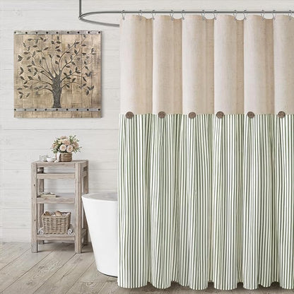 Farmhouse Shower Curtain Linen Button Green Stripe 72" W x 72" L | Farmhouse Style, Chic Button, Striped, Linen Fabric, Rustic, Country, Natural Look, Washable, for Bathroom Bathtub