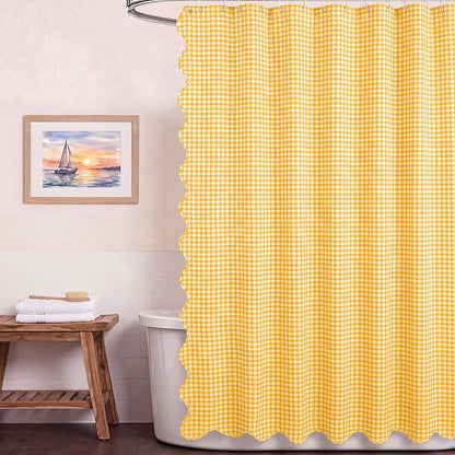 HunnmingRe Scalloped Gingham Shower Curtain Yellow | 72'' x 72'' Vintage Farmhouse Curtain, Cotton Cottage Core Rural Checkered Plaid Decor, Fall Shower Curtain for Bathroom