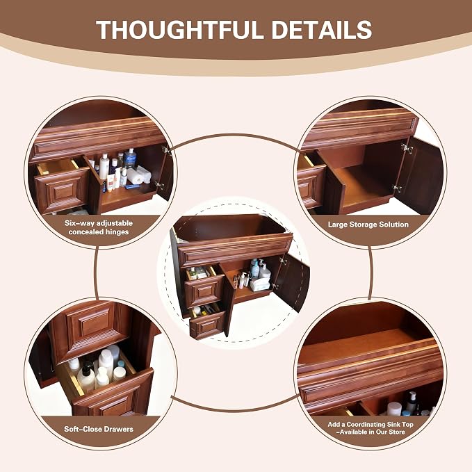 36" Maple Walnut Bathroom Vanity Base – Ready-to-Assemble Sink Cabinet with Drawers, Freestanding Bathroom Vanity Base Only, No Top or Sink