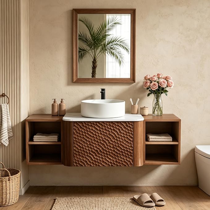 48 Inch Modern Bathroom Vanity with Ceramic Sink, Floating Bathroom Sink Cabinet with Sintered Stone Top&Solid Wood Hammered Frame, Single Bathroom Vanities w/Soft-Close Drawer&2 Side Open Cube