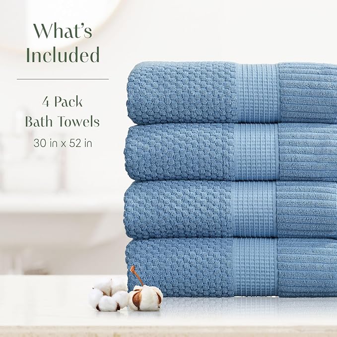 4 Pack 100% Cotton Bath Towels | Blue Towels | Oeko‑TEX Standard 100 | Soft & Absorbent, Quick‑Dry | Trinity Collection - Blue Shadow