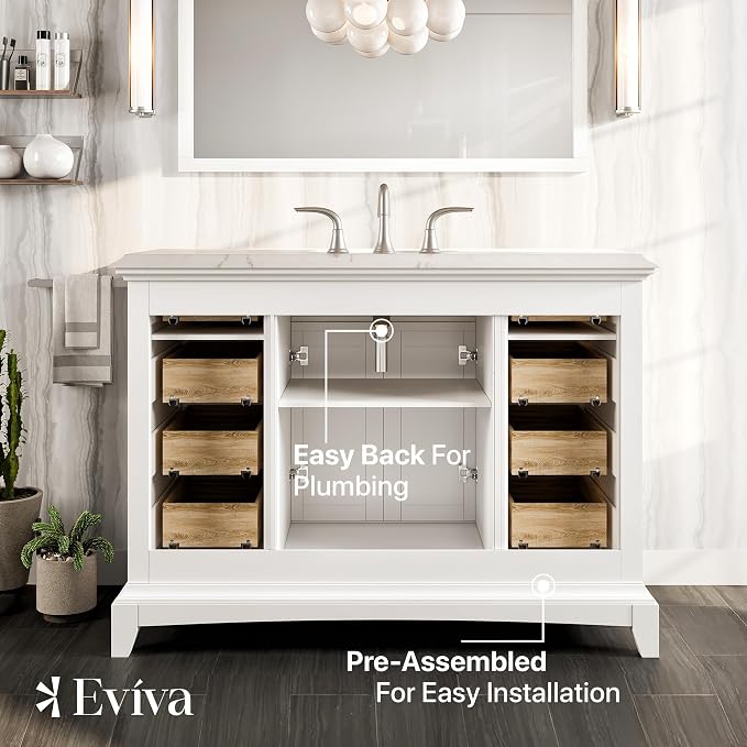 Modern Freestanding Bathroom Vanities - Solid Wood White 42 Inch Bathroom Sink Cabinet - Free-Standing Vanity Sinks for Bathrooms w/Brushed Nickel Knobs/Handles and Porcelain Vanity Sink