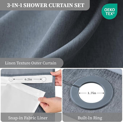Blue Ringless Linen Textured Shower Curtain with Snap in Liner, 72x75 | 3 in 1 Hotel Shower Curtain Set, Removable Liner, Waterproof & Washable, Mesh Top Window, Durable Fabric, Easy to Install