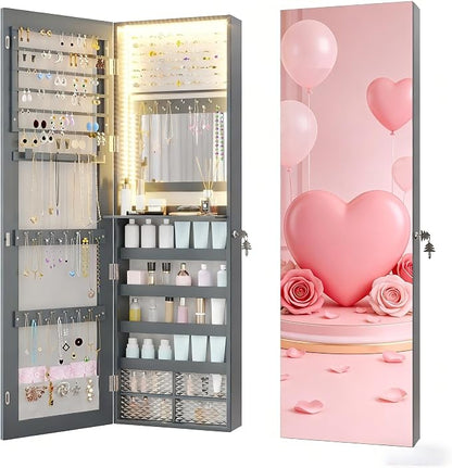 47.2" LED Jewelry Mirror Cabinet, Wall/Door Mounted Jewelry Armoire Organizer with Full Length Mirror, Large Storage Hanging Cabinet, 4 Drawers, 5 Shelves, Built-in Lighted Mirror (Grey)