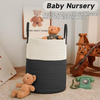 JMvicyroam 80L Cotton Rope Laundry Basket Hamper, White and Black | Collapsible laundry basket, reinforced handles, freestanding, machine washable, holds 3-5 thick blankets, clothes or toys