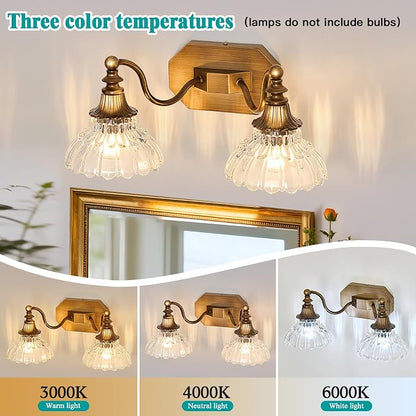 hesoge Vintage Bathroom Light Fixture Antique Brass Vanity Light with Crystal Glass Shade Brushed Gold 2-Light Bathroom Light Over Mirror