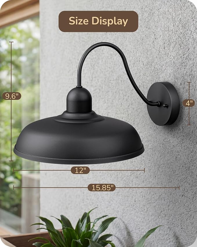 EDISHINE 2 Pack Outdoor Wall Light, 12" Farmhouse Gooseneck Barn Light | Black Matte, Hardwired, E26 Base, Weatherproof Wall Mount Lantern for Porch, Entryway, Garage, Garden, Patio