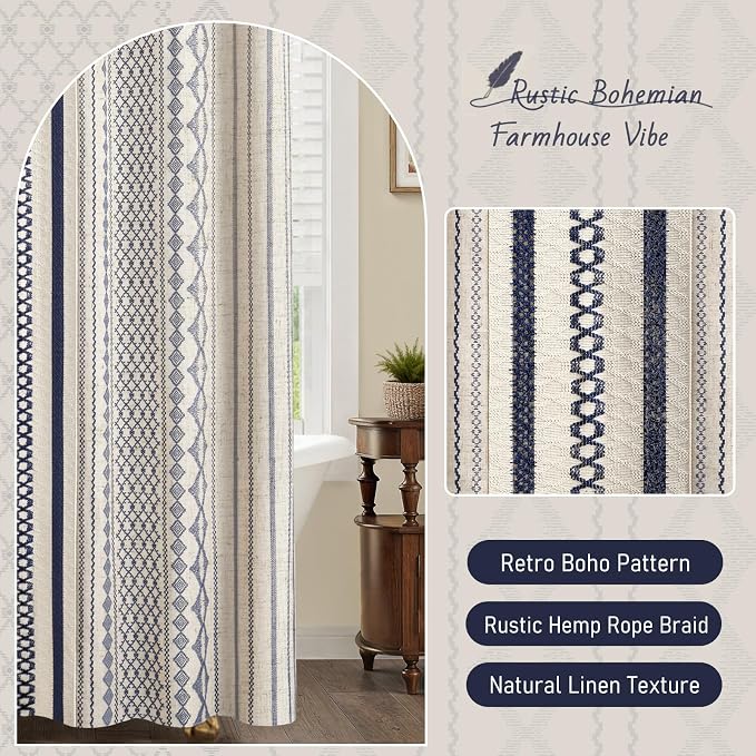 Navy Blue Boho Linen Shower Curtain,72" W x 84" L | Linen Striped Print and Twine-Inspired Woven Center for Bathroom