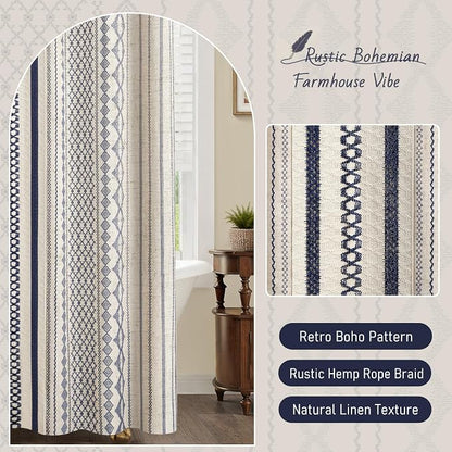 Navy Blue Boho Linen Shower Curtain,72" W x 84" L | Linen Striped Print and Twine-Inspired Woven Center for Bathroom