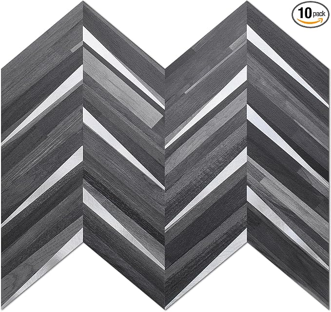 DICOFUN 10-Sheet Herringbone Peel and Stick Backsplash for Kitchen, Black & Grey Wood Look PVC Mixed Metal Chevron Stick on Backsplash Wall Tiles
