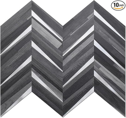 DICOFUN 10-Sheet Herringbone Peel and Stick Backsplash for Kitchen, Black & Grey Wood Look PVC Mixed Metal Chevron Stick on Backsplash Wall Tiles