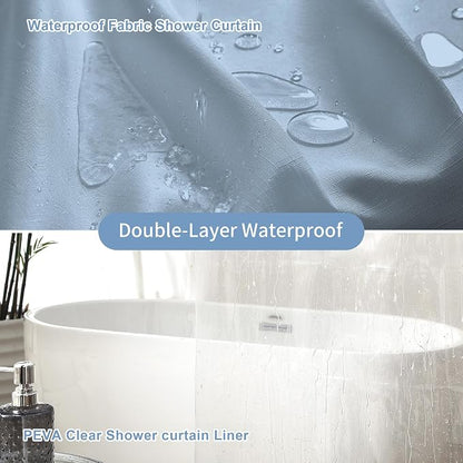 3 in 1 Shower Curtain Set, Fog Blue Boho Shower Curtain and Clear Liner Set with 12 Double Sided Shower Curtain Hooks, Cloth Shower Curtains for Bathroom,Waterproof, 72" W*72" H