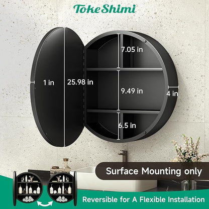 TokeShimi 26x26 Round Medicine Cabinet for Bathroom,Black Circle Bathroom Medicine Cabinet with Mirror,Surface Mount Only Detachable Shelves Circular Vanity Shatterproof Mirror with Storage