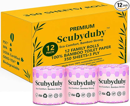 Premium & Soft Bamboo Toilet Paper | PFAS Free | 12 Mega Rolls, 3 ply & 350 Sheets | Non Toxic, Septic Safe, BPA Free | Tree Free Toilet Tissue | Plastic Free Packaging