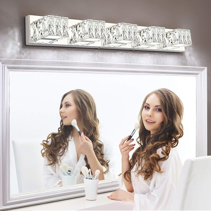 5 Lights Bathroom Vanity Light - Crystal Modern Bathroom Light Fixtures - 30W Dimmable Vanity LED Lights for Restroom - Chrome Bath Light bar Cool White Light
