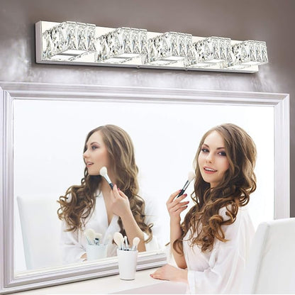 5 Lights Bathroom Vanity Light - Crystal Modern Bathroom Light Fixtures - 30W Dimmable Vanity LED Lights for Restroom - Chrome Bath Light bar Cool White Light