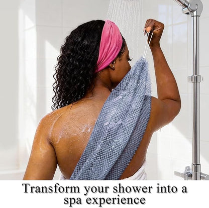 Authentic African Net Sponge,2 Pack 45-in Exfoliating Bath Sponge and Shower Loofah for Body and Back,Colorfast Quick-Dry Knotted Mesh Scrubber with Travel Pouch(Slate Blue&Bean Paste Pink)