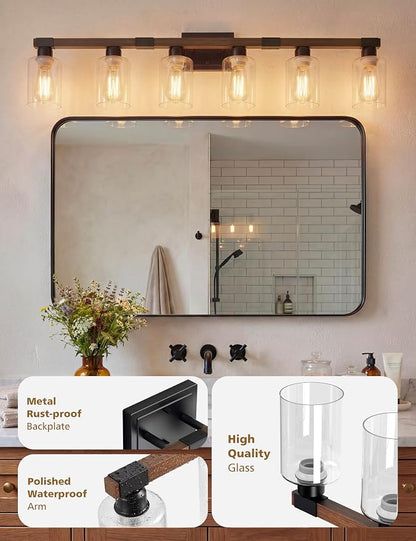 VOLISUN Farmhouse Bathroom Vanity Light Fixtures, 6 Light,UL Certificated | 6 Light Bathroom Vanity Lights Over Mirror, Rustic Vanity Light for Bathrooms,Wood Bathrooms Lights Fixtures Over Mirror