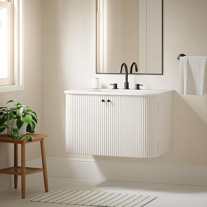 Modway Zia 30 Inch Wall-Mount Bathroom Vanity in Ivory with Marble Sink Basin - Floating Bathroom Cabinet with Fluted Design