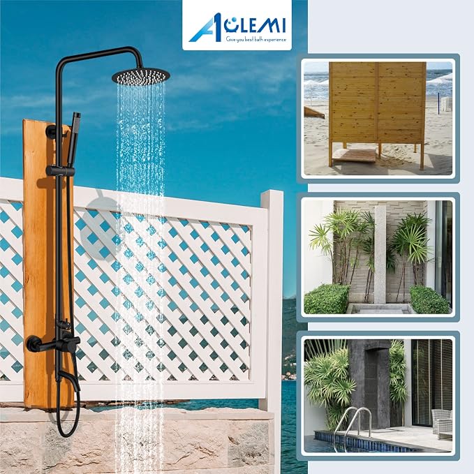 Aolemi Outdoor Shower SUS304 Outside Kit Handheld Tub Spout Matte Black | 8 Inch Head, Handheld Spray, Swivel Tub Faucet, Adjustable Height,Outside Exposed Shower Fixture,Single Handle,Wall Mount