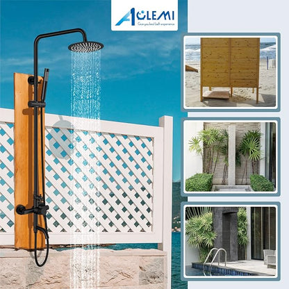 Aolemi Outdoor Shower SUS304 Outside Kit Handheld Tub Spout Matte Black | 8 Inch Head, Handheld Spray, Swivel Tub Faucet, Adjustable Height,Outside Exposed Shower Fixture,Single Handle,Wall Mount